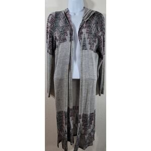 It's Our Time Gray Burgundy Black Open Front Hooded Coatigan Large Lightweight